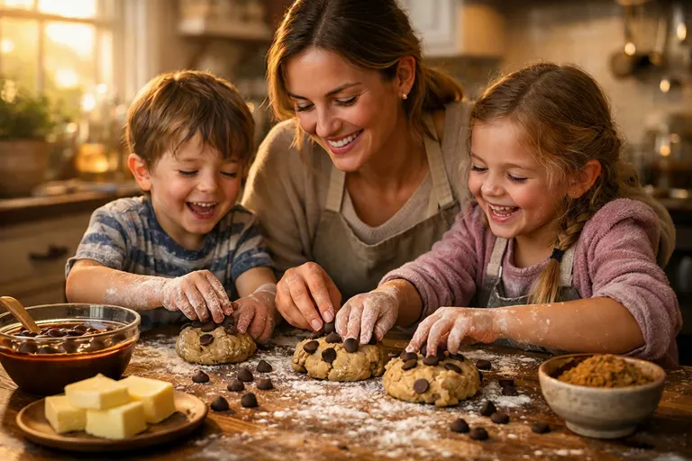 Mamá horneando galletas estilo New York con sus hijos